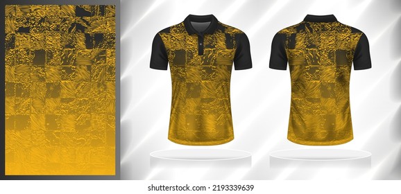 Vector sport pattern design template for Polo T-shirt front and back with short sleeve view mockup. Shades of black-yellow color gradient abstract grunge square texture background illustration.