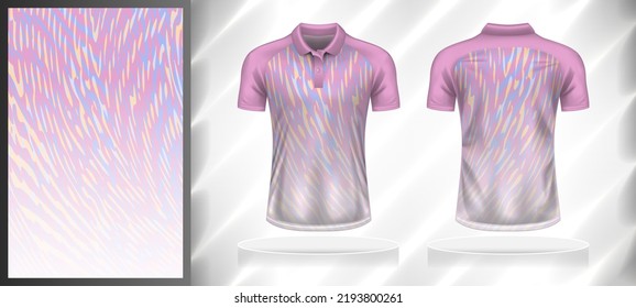 Vector sport pattern design template for Polo T-shirt front and back with short sleeve view mockup. Pink-blue-white-yellow color gradient abstract curve texture background illustration.