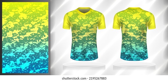 Vector sport pattern design template for V-neck T-shirt front and back with short sleeve view mockup. Dark and light shades of blue-yellow color gradient abstract grunge texture background.