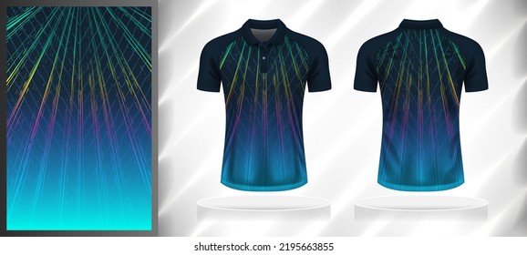 Vector sport pattern design template for Polo T-shirt front and back view mockup. Dark and light shades of blue with green-yellow-pink color gradient abstract texture background illustration.