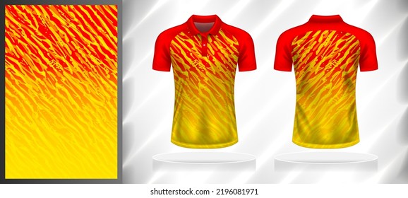 Vector sport pattern design template for Polo T-shirt front and back with short sleeve view mockup. Shades of red-yellow color gradient abstract grunge texture background illustration.