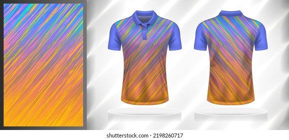 Vector sport pattern design template for Polo T-shirt front and back with short sleeve view mockup. Purple-yellow-blue-pink-orange color gradient abstract oblique line texture background illustration.