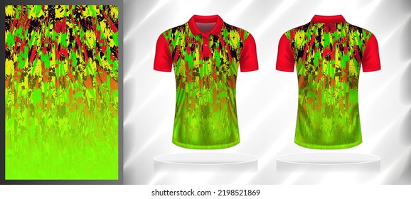 Vector sport pattern design template for Polo T-shirt front and back with short sleeve view mockup. Green-red-yellow-black color gradient abstract grunge texture background illustration.