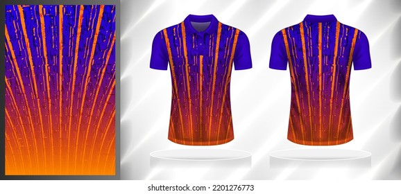 Vector sport pattern design template for Polo T-shirt front and back with short sleeve view mockup. Shades of blue-purple-orange color gradient abstract grunge line texture background illustration.