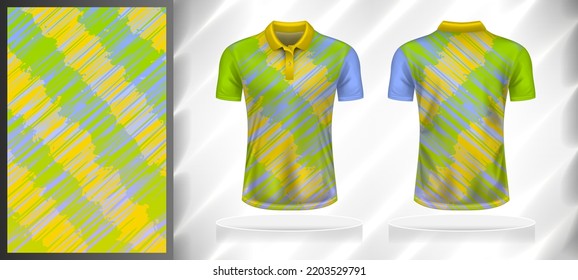 Vector sport pattern design template for Polo T-shirt front and back with short sleeve view mockup. Shades of green-yellow-blue color gradient abstract oblique grunge texture background illustration.