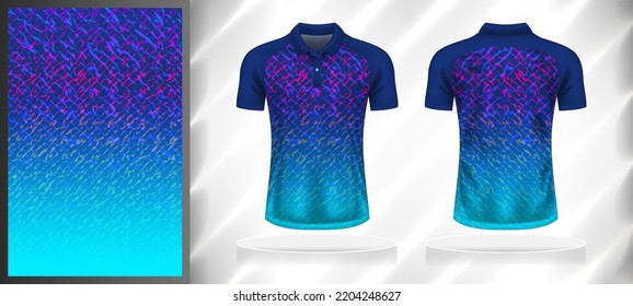 Vector sport pattern design template for Polo T-shirt front and back with short sleeve view mockup. Dark and light shades of blue with pink color gradient abstract grunge line texture background.