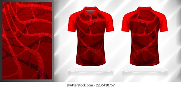 Vector sport pattern design template for Polo T-shirt front and back with short sleeve view mockup. Dark and light shades of red color gradient abstract grunge curve line texture background.