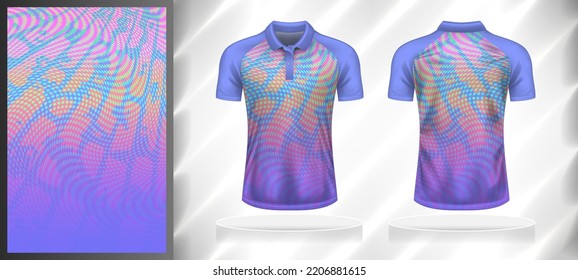 Vector sport pattern design template for Polo T-shirt front and back with short sleeve view mockup. Shades of purple-pink color gradient abstract geometric grunge texture background illustration.