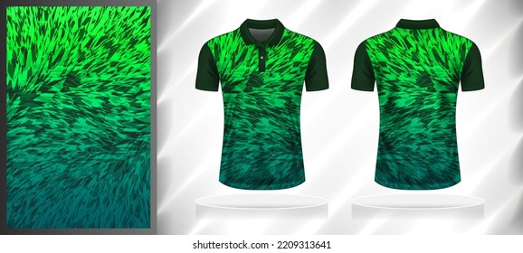 Vector sport pattern design template for Polo T-shirt front and back with short sleeve view mockup. Dark and light shades of green color gradient abstract texture background illustration.