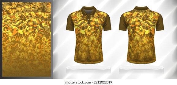 Vector sport pattern design template for Polo T-shirt front and back with short sleeve view mockup. Shades of brown-yellow-orange color gradient abstract grunge and texture background illustration.