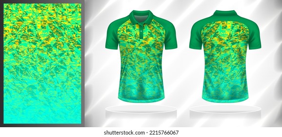 Vector sport pattern design template for Polo T-shirt front and back with short sleeve view mockup. Shades of green-yellow color gradient abstract grunge texture background illustration.