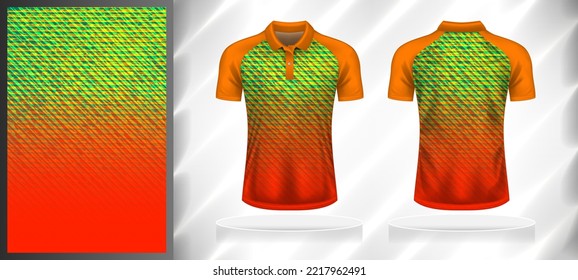 Vector sport pattern design template for Polo T-shirt front and back with short sleeve view mockup. Orange-yellow-red-green color gradient abstract grunge line texture background illustration.