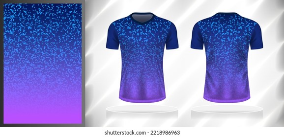 Vector sport pattern design template for V-neck T-shirt front and back with short sleeve view mockup. Shades of blue-purple color gradient abstract texture background illustration.