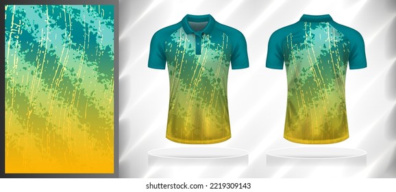 Vector sport pattern design template for Polo T-shirt front and back with short sleeve view mockup.Dark and light shades of green-yellow color gradient abstract grunge texture background illustration.