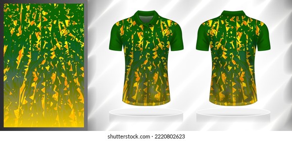 Vector sport pattern design template for Polo T-shirt front and back with short sleeve view mockup. Shades of green-yellow color gradient abstract grunge texture background illustration.