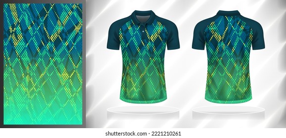 Vector sport pattern design template for Polo T-shirt front and back with short sleeve view mockup. Dark and light shades of blue-green-yellow color gradient abstract texture background illustration.