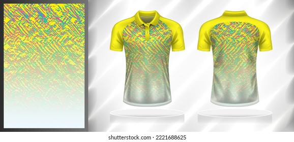 Vector sport pattern design template for Polo T-shirt front and back view mockup. Yellow-white-pink-green color gradient abstract grunge texture background illustration.
