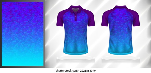 Vector sport pattern design template for Polo T-shirt front and back with short sleeve view mockup. Shades of blue-purple color gradient abstract grunge texture background illustration.