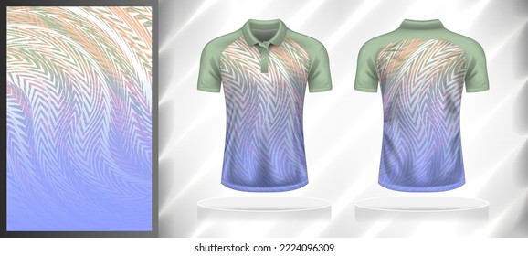 Vector sport pattern design template for Polo T-shirt front and back view mockup. Shades of green-blue-orange-white color gradient abstract texture background illustration.