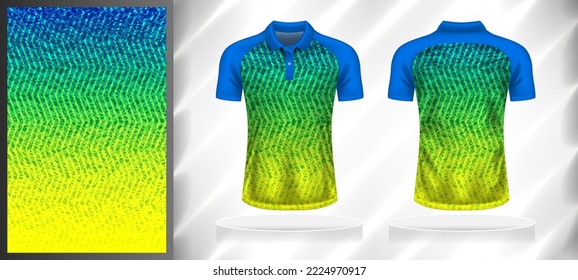 Plantilla de diseño de patrones deportivos vectoriales para el simulador de vista frontal y posterior de camisetas. Ilustración del fondo de la textura de grunge abstracta en tonos azul-verde-amarillo.