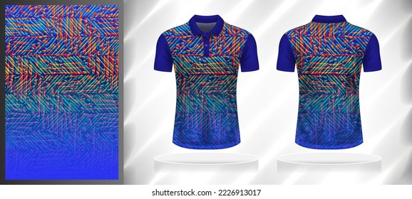 Vector sport pattern design template for Polo T-shirt front and back view mockup. Blue-red-yellow color gradient abstract grunge line texture background illustration.