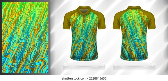 Vector sport pattern design template for Polo T-shirt front and back view mockup. Shades of green-blue-yellow-brown color gradient abstract marble texture background illustration.