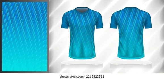 Vector sport pattern design template for V-neck T-shirt front and back with short sleeve view mockup. Shades of blue color gradient abstract halftone geometric texture background illustration.