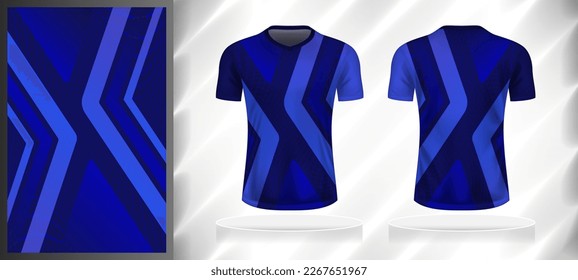 Vector sport pattern design template for V-neck T-shirt front and back with short sleeve view mockup. Dark and light shades of blue color gradient abstract line texture background illustration.