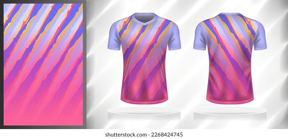 Vector sport pattern design template for V-neck T-shirt front and back with short sleeve view mockup. Blue-pink-yellow-grey color gradient abstract rough oblique line texture background illustration.