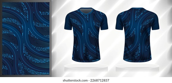 Vector sport pattern design template for V-neck T-shirt front and back with short sleeve view mockup. Dark and light shades of blue color gradient abstract curve line texture background illustration.