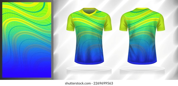 Vector sport pattern design template for V-neck T-shirt front and back with short sleeve view mockup. Shades of yellow-green-blue color gradient abstract curve line texture background illustration.