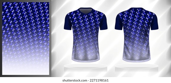 Vector sport pattern design template for V-neck T-shirt front and back with short sleeve view mockup. Dark and light shades of blue with white color gradient abstract geometric texture background.