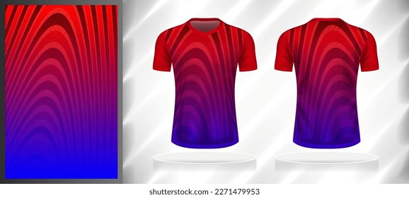 Vector sport pattern design template for V-neck T-shirt front and back with short sleeve view mockup. Shades of red-purple-blue color gradient abstract curve line texture background illustration.