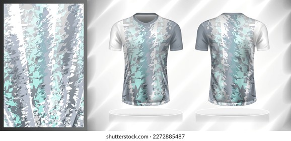 Vector sport pattern design template for V-neck T-shirt front and back with short sleeve view mockup. Shades of grey-green-white color gradient abstract grunge texture background illustration.