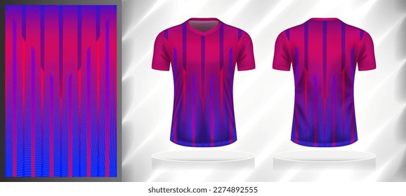Vector sport pattern design template for V-neck T-shirt front and back with short sleeve view mockup. Pink-purple-blue color gradient abstract geometric line texture background illustration.