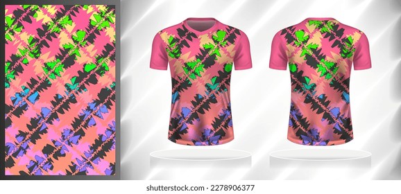 Vector sport pattern design template for V-neck T-shirt front and back with short sleeve view mockup. Pink-grey-green-blue color abstract grunge texture background illustration.