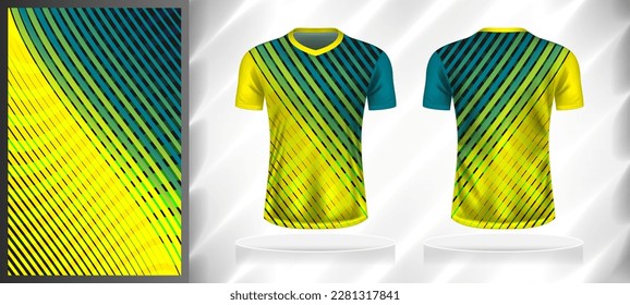Vector sport pattern design template for V-neck T-shirt front and back with short sleeve view mockup. Yellow-blue-green-black color gradient abstract geometric line texture background illustration.