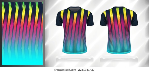 Vector sport pattern design template for V-neck T-shirt front and back with short sleeve view mockup. Dark and light shades of blue with yellow-pink color gradient abstract line texture background.