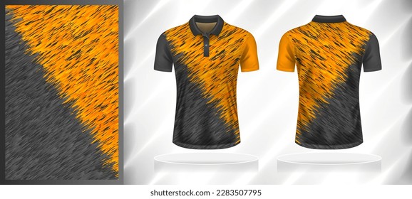 Plantilla de diseño de patrones deportivos vectores para la parte delantera y trasera de camisetas con simulación de manga corta. Ilustración del fondo de la textura de grunge abstracta en tonos gris-naranja.