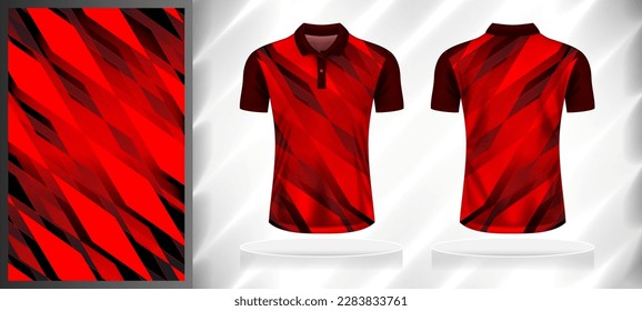 Plantilla de diseño de patrones deportivos vectores para la parte delantera y trasera de camisetas con simulación de manga corta. Ilustración de fondo de textura cuadrada geométrica abstracta con matices de color rojo-negro gradiente.