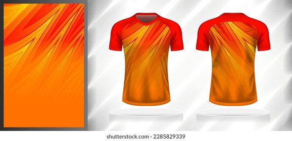 Vector sport pattern design template for V-neck T-shirt front and back with short sleeve view mockup. Shades of red-orange-yellow color gradient abstract line texture background illustration.