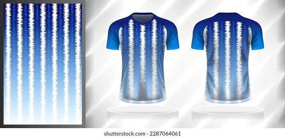 Vector sport pattern design template for V-neck T-shirt front and back with short sleeve view mockup. Shades of blue-white color gradient abstract line texture background illustration.