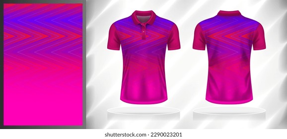 Vector sport pattern design template for Polo T-shirt front and back with short sleeve view mockup. Shades of purple-pink color gradient abstract geometric line texture background illustration.