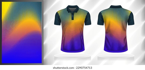 Vector sport pattern design template for Polo T-shirt front and back with short sleeve view mockup. Dark and light shades of blue with orange-yellow-pink gradient abstract line texture background.