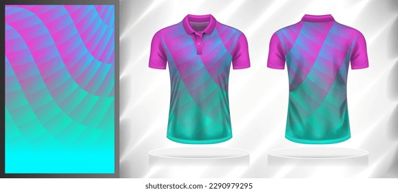 Plantilla de diseño de patrones deportivos vectores para la parte delantera y trasera de camisetas con simulación de manga corta. Ilustración de fondo de textura geométrica abstracta en tonos rosa-verde-azul.