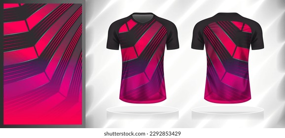 Vector sport pattern design template for V-neck T-shirt front and back with short sleeve view mockup. Black-grey-pink-green color gradient abstract geometric line texture background illustration.