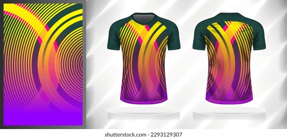 Vector sport pattern design template for V-neck T-shirt front and back with short sleeve view mockup. Yellow-green-pink-purple color gradient abstract curve line texture background illustration.