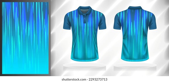 Vector sport pattern design template for Polo T-shirt front and back with short sleeve view mockup. Dark and light shades of blue color gradient abstract grunge texture background illustration.