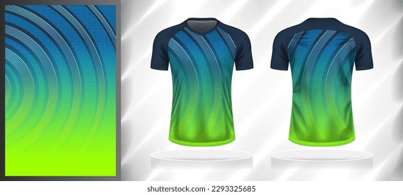 Vector sport pattern design template for V-neck T-shirt front and back with short sleeve view mockup. Dark and light shades of blue-green color gradient abstract geometric line texture background.
