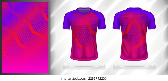 Vector sport pattern design template for V-neck T-shirt front and back with short sleeve view mockup. Purple-pink color gradient abstract geometric line texture background illustration.